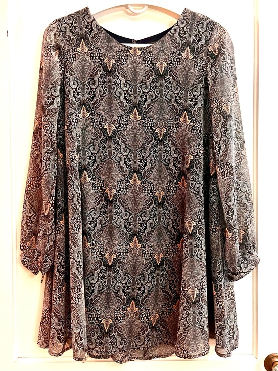 Astr Dresses & Skirts - ASTR Anthro Paisley Lacey Pattern Mini Dress in Gray & Pink with Sheer Sleeves
